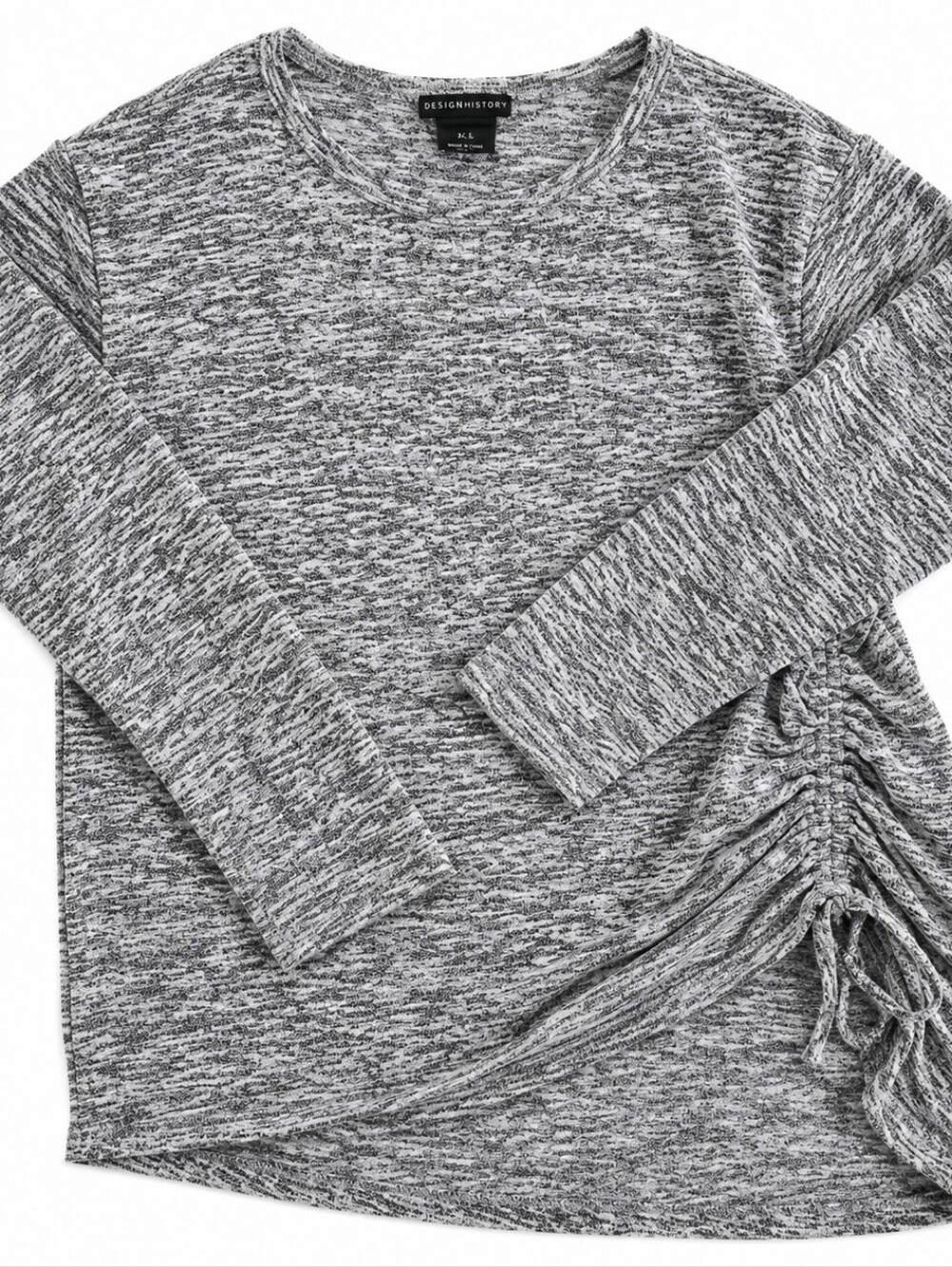 Design History Black & White Marled Side-Ruched Long Sleeve Top